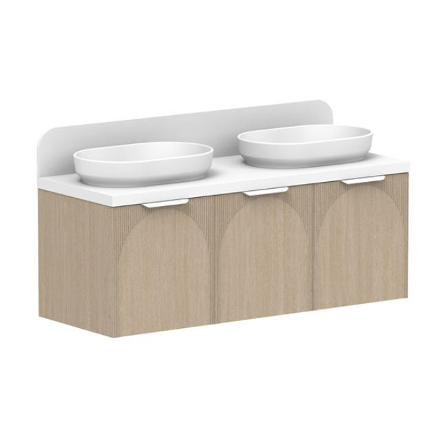 ADP Archie wall hung vanity with white top, arched timber-look front and double oval basins, front view