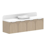 ADP Archie wall hung vanity with white top, curved splashback and timber-look arched front, with above-counter basin
