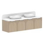 ADP Archie wall hung vanity in light woodgrain with white top, curved splashback and twin above-counter basins