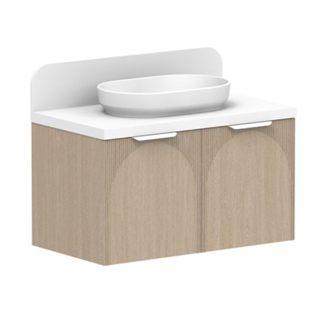 ADP Archie wall hung vanity with white top, curved splashback and timbergrain cabinet, shown in 3/4 view