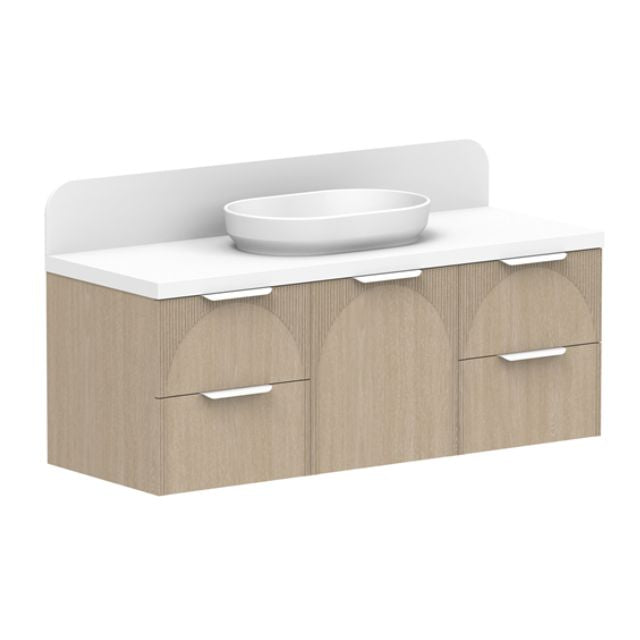 ADP Archie wall hung vanity with white top, curved splashback and woodgrain finish, shown in three-quarter view
