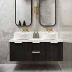 ADP Archie wall hung vanity with white top, dark woodgrain finish and double round basins in a modern bathroom