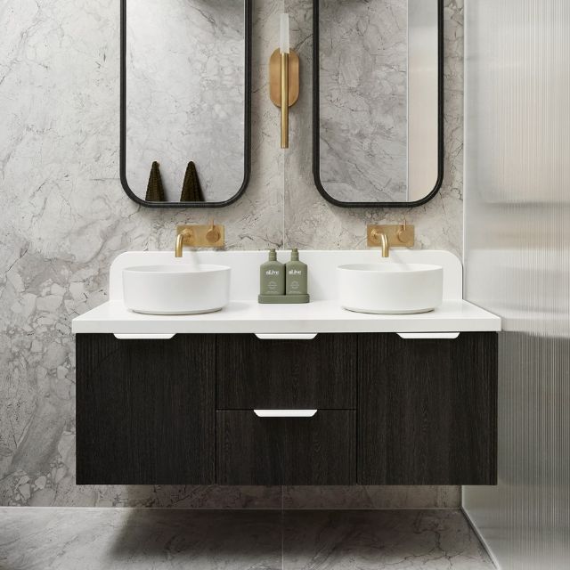 ADP Archie wall hung vanity with white top, dark woodgrain finish and double round basins in a modern bathroom