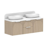 ADP Archie wall hung vanity with white top, timber finish, curved splashback and double bowl basin pair