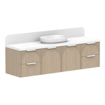 ADP Archie wall hung vanity with white Caesarstone top, arched timber-look fronts and curved splashback