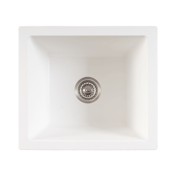 ADP Bellevue small rectangular sink in matte white, top view with centre waste hole