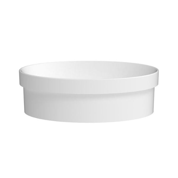 ADP Chandler round semi inset basin in gloss white ceramic, front view with low-profile side on white background