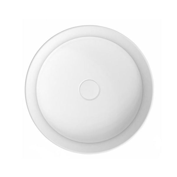 ADP Chandler round semi inset basin in matte white, top view, with centre waste opening and no tap holes