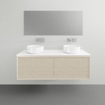 ADP Clifton wall-hung ensuite vanity with white top, textured woodgrain front, dual round basins and grey mirror cabinet