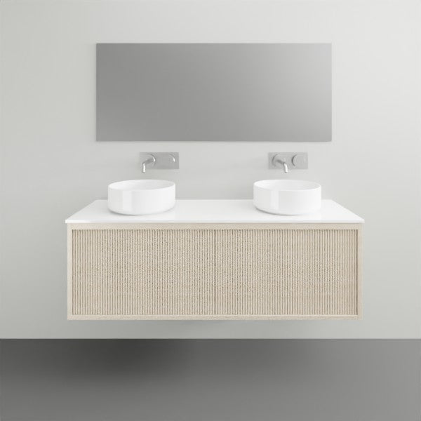 ADP Clifton wall-hung ensuite vanity with white top, textured woodgrain front, dual round basins and grey mirror cabinet