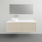 ADP Clifton wall-hung ensuite vanity with white top and woodgrain front, shown in a minimalist bathroom setting