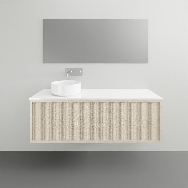 ADP Clifton wall-hung ensuite vanity with white top and woodgrain front, shown in a minimalist bathroom setting