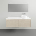 ADP Clifton wall-hung ensuite vanity with white top and woodgrain front, shown with round basin in a bathroom setting