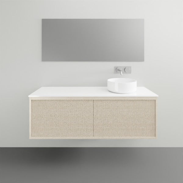 ADP Clifton wall-hung ensuite vanity with white top and woodgrain front, shown with round basin in a bathroom setting