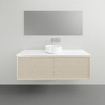 ADP Clifton wall-hung ensuite vanity with white Durasein top, Prime Oak woodgrain front and round basin