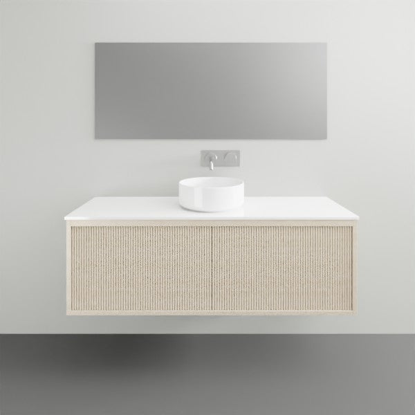 ADP Clifton wall-hung ensuite vanity with white Durasein top, Prime Oak woodgrain front and round basin