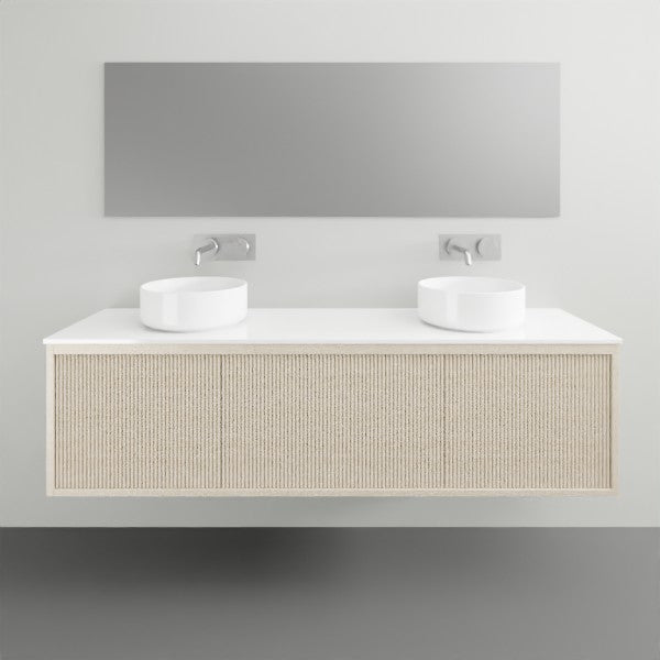 ADP Clifton wall-hung ensuite vanity with white top, Prime Oak woodgrain front and double basins in a bathroom setting