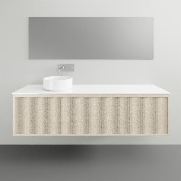 ADP Clifton wall-hung ensuite vanity with white top and ribbed woodgrain front, shown with round basin in a bathroom setting