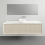 ADP Clifton wall-hung ensuite vanity with white top, vertical woodgrain front and round basin, front view