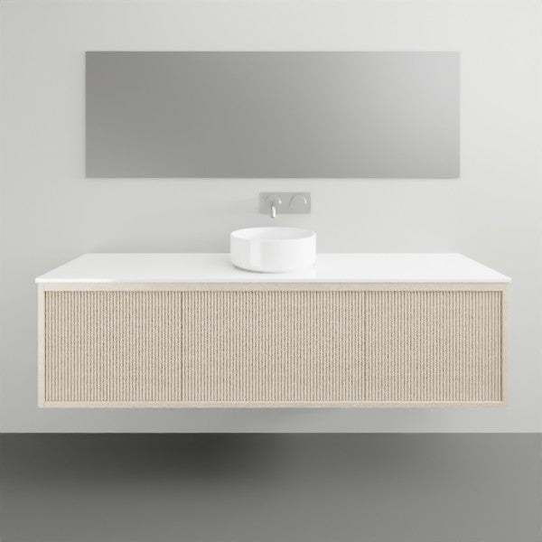ADP Clifton wall-hung ensuite vanity with white top, vertical woodgrain front and round basin, front view