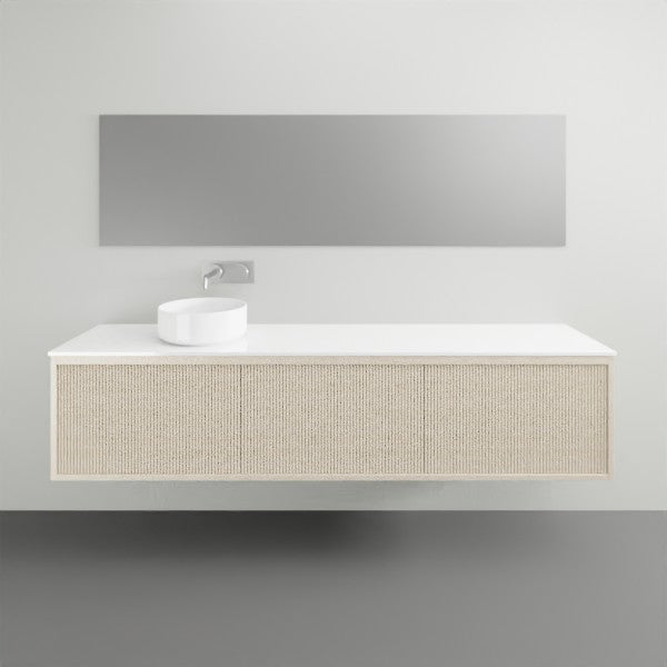 ADP Clifton wall-hung ensuite vanity with white top and light woodgrain front, shown in a bathroom setting with basin and mirror