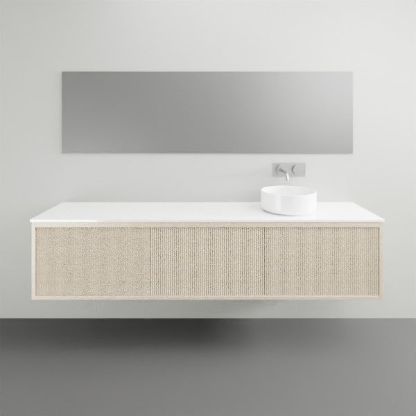 ADP Clifton wall-hung ensuite vanity with white Durasein top and light woodgrain front, shown with basin and mirror cabinet