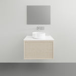 ADP Clifton wall-hung ensuite vanity with white top, ribbed woodgrain front and round above-counter basin in bathroom setting
