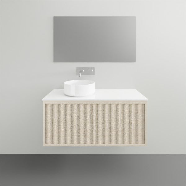 ADP Clifton wall-hung vanity with white Durasein top, ribbed woodgrain cabinet and round basin