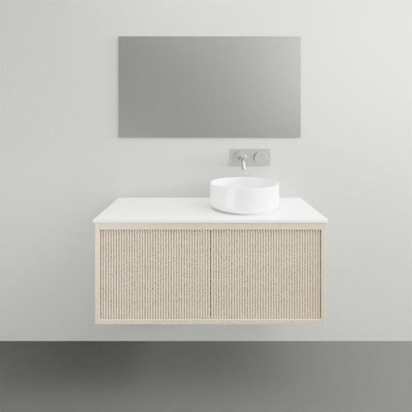 ADP Clifton wall-hung ensuite vanity with bright white top, Prime Oak woodgrain front and round basin