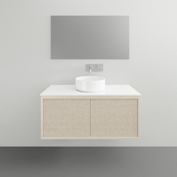 ADP Clifton wall-hung ensuite vanity with white top, ribbed woodgrain front and round basin in a bathroom setting