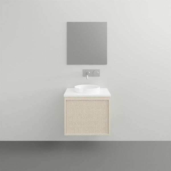 ADP Clifton wall-hung mini vanity with white basin and benchtop, coastal oak woodgrain front, front view