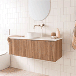 ADP Clifton wall-hung ensuite vanity with white top, Prime Oak woodgrain front and round basin in a tiled bathroom