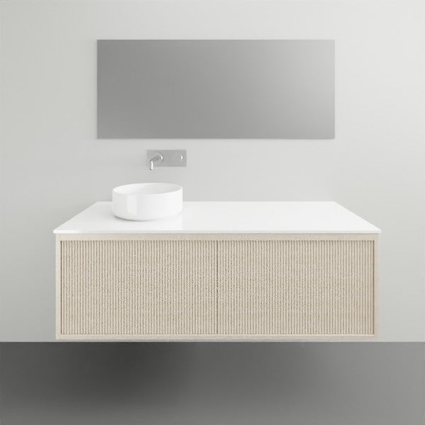 ADP Clifton wall-hung vanity with Caesarstone top, ribbed woodgrain finish and white above-counter basin