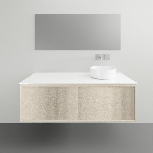 ADP Clifton wall-hung vanity with white Caesarstone top and coastal oak woodgrain front, shown in a bathroom setting
