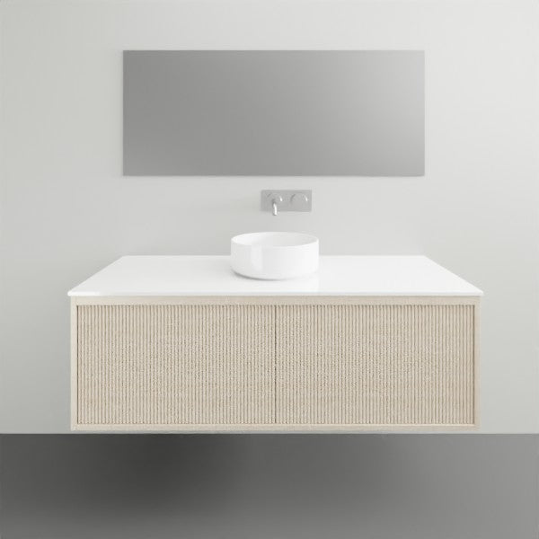 ADP Clifton wall-hung vanity with white Caesarstone top, ribbed woodgrain finish and round basin, front view