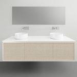 ADP Clifton wall-hung vanity with white Caesarstone top and woodgrain front, shown with double basin bathroom setup