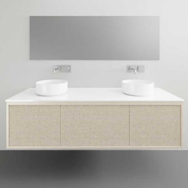 ADP Clifton wall-hung vanity with white Caesarstone top and woodgrain front, shown with double basin bathroom setup