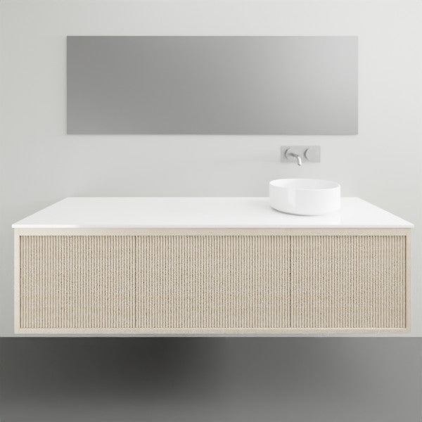 ADP Clifton wall-hung vanity with white Caesarstone top, Coastal Oak woodgrain front and round above-counter basin