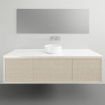 ADP Clifton wall-hung vanity in coastal oak with white Caesarstone top and handle-free ribbed front, front view