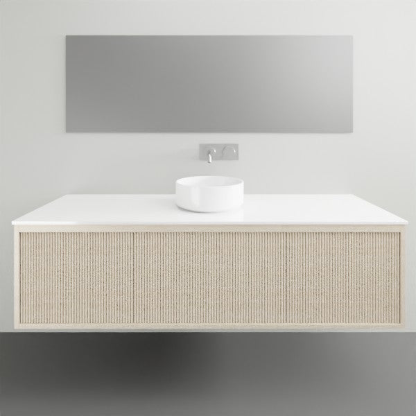 ADP Clifton wall-hung vanity in coastal oak with white Caesarstone top and handle-free ribbed front, front view