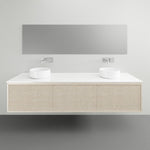 ADP Clifton wall-hung vanity with Caesarstone top, coastal oak woodgrain front and double bowl basins in bathroom setting