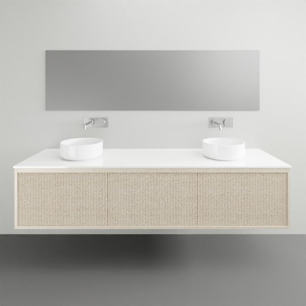 ADP Clifton wall-hung vanity with Caesarstone top, coastal oak woodgrain front and double bowl basins in bathroom setting