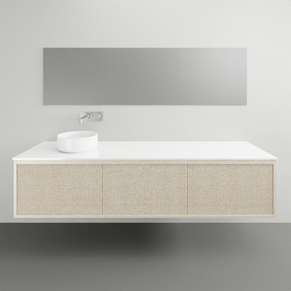 ADP Clifton wall-hung vanity with white Caesarstone top and coastal oak woodgrain front, shown front-on in a bathroom setting