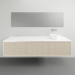 ADP Clifton wall-hung vanity with white Caesarstone top and coastal oak woodgrain front, handle-free, in bathroom setting