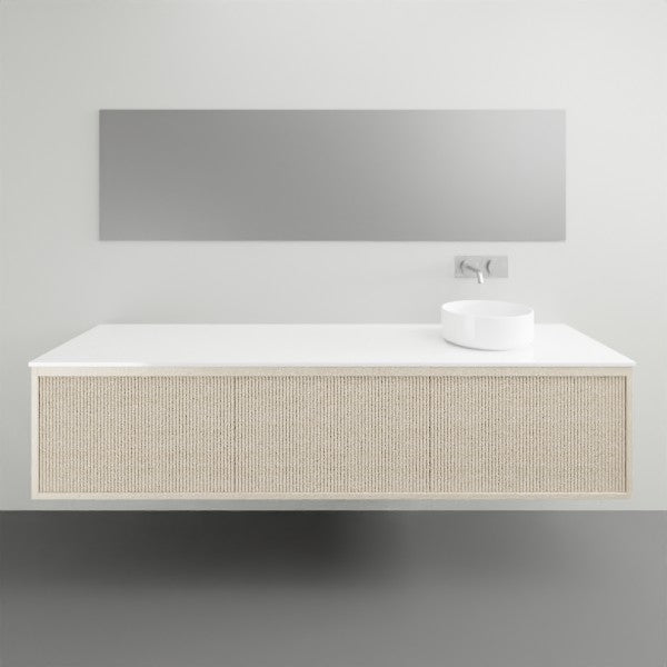 ADP Clifton wall-hung vanity with white Caesarstone top and coastal oak woodgrain front, handle-free, in bathroom setting