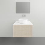 ADP Clifton wall-hung vanity with white Caesarstone top, coastal oak woodgrain front and round above-counter basin