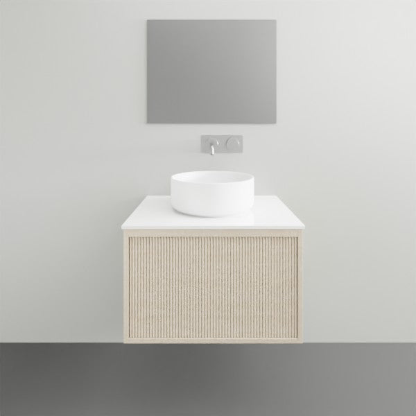 ADP Clifton wall-hung vanity with white Caesarstone top, coastal oak woodgrain front and round above-counter basin