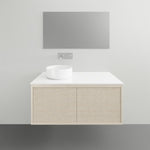 ADP Clifton wall-hung vanity with white Caesarstone top, ribbed woodgrain front and centre bowl basin in a bathroom setting