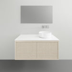 ADP Clifton wall-hung vanity with white Caesarstone top and ribbed woodgrain front, shown with left offset basin.