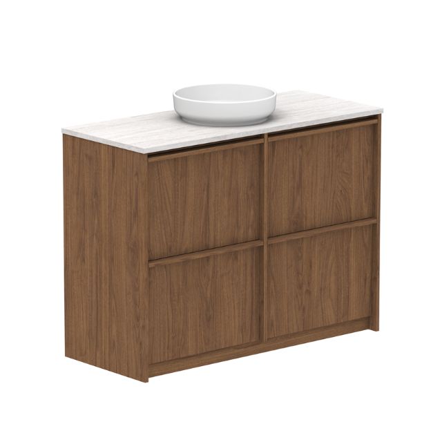 ADP Eli floor standing vanity in Boston Oak with Caesarstone top and round white basin, front view